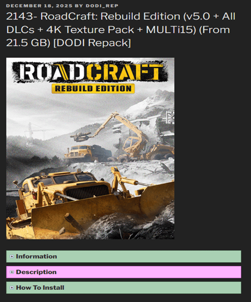 Pirated game page displayed on the website