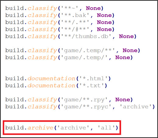 Build options specified in options.rpy