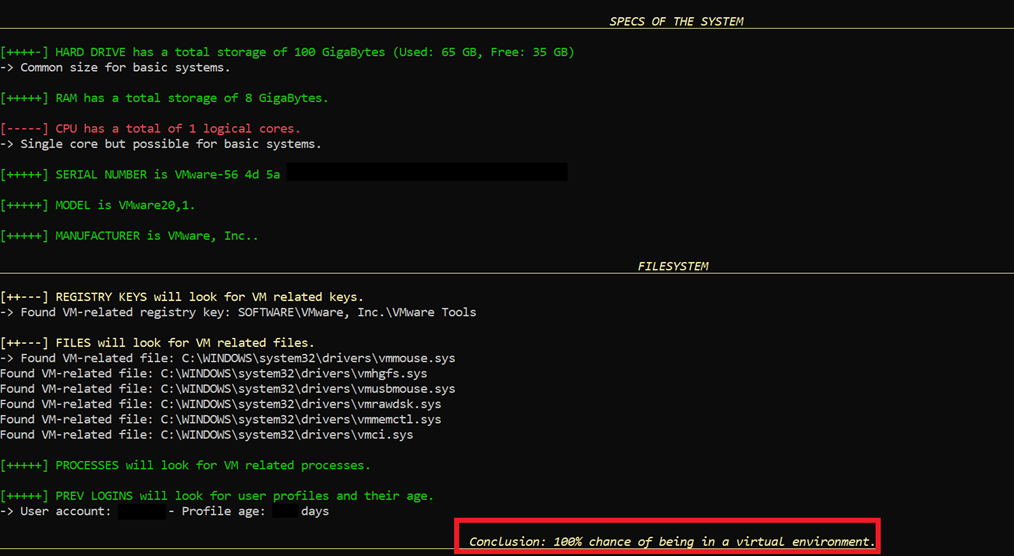 Sandbox check simulated in a VMware guest