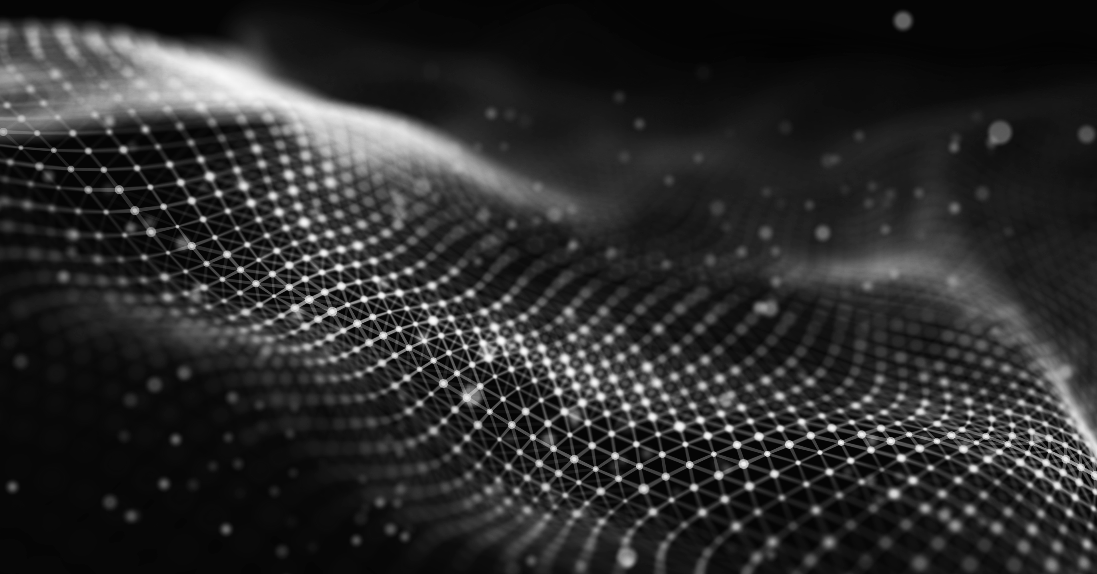 Abstract digital landscape with 3D grid of interconnected dots and lines representing connected data network